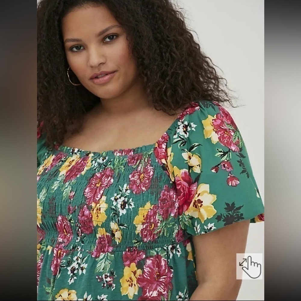 Torrid Green Floral Babydoll Smocked Bodice Puff Sleeve Top 00X